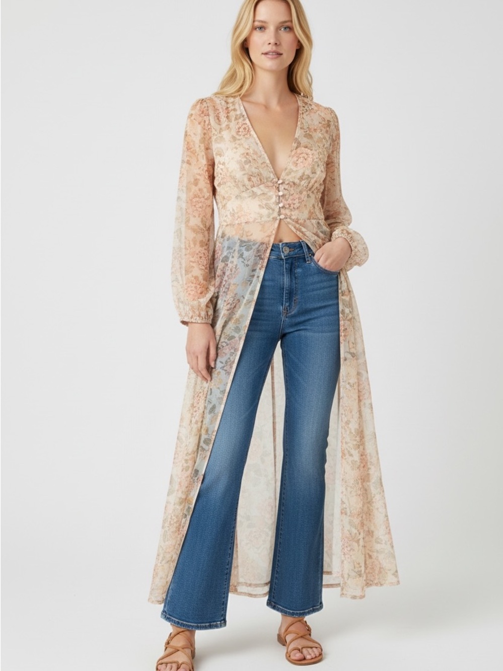 Free People Sheer Floral Maxi Duster in Cream and Peach Size M